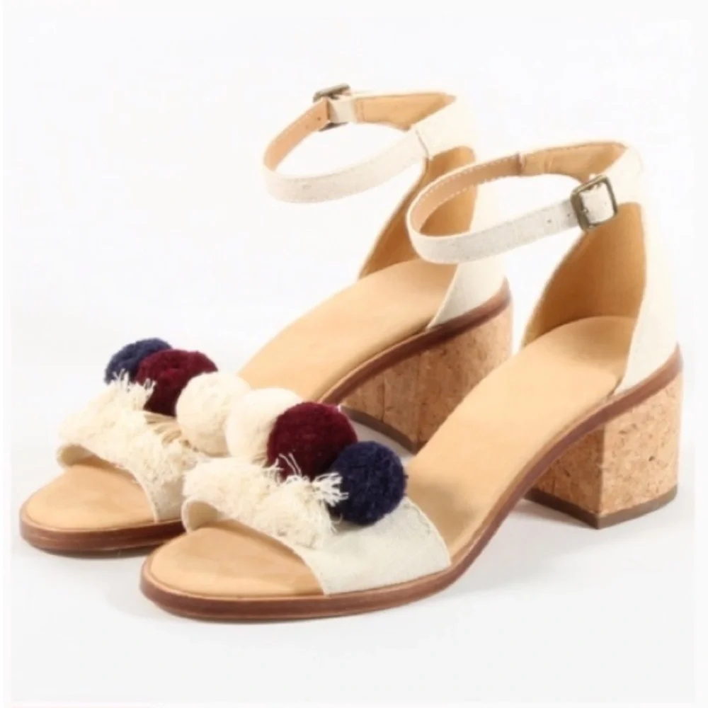Soludos Capri Pom Pom Fringe Block Heel Sandal Ankle Strap Size 9.5 Open Toe